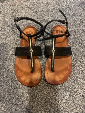 Tory Burch Black Suede T-Bar Sandals with Gold Accent